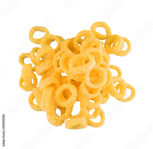 corn-based onion snack in portion isolated on transparent background top view