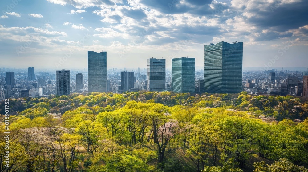 A panoramic view of a modern cityscape with tall skyscrapers and a lush green park in the foreground. The sky is partly cloudy with bright sunshine. A panoramic view of a modern cityscape with tall skyscrapers and a lush green park in the foreground. The sky is partly cloudy with bright sunshine.