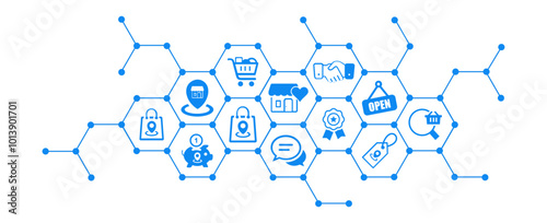 Shopping and retail vector illustration. Blue concept with icons related to shopping in store and online, discount and sale, e-commerce, consumer spending.