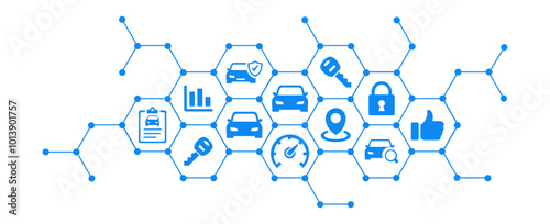 Automotive vector illustration. Concept with connected icons related to different models of cars and car-related concepts: rental car dealership, new or used vehicle, transportation, or car sharing.