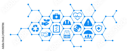 Occupational health and safety vector illustration. Blue concept with icons related to hazard prevention, accident protection in the workplace, safety equipment , gear, caution in dangerous situations