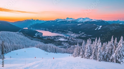 A panoramic view of a snow-covered mountain range with a lake and town in the distance during a beautiful sunset.