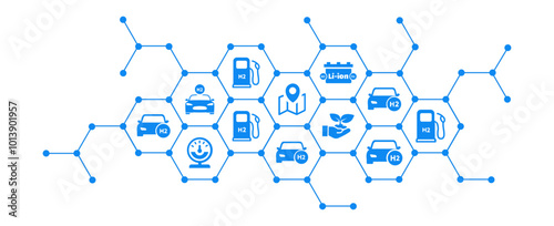 Hydrogen fuel vector illustration. Concept with connected icons related to h2 , wasserstoff drive, alternative and green energy, hybrid cars or hydrogen filling station