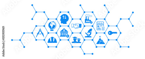 University industry collaboration vector illustration. Blue concept with icons related to partnership and cooperation between academia  business company for research project and program and internship