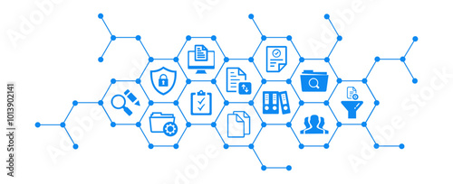 Document management vector illustration. Blue concept with no people related to digital file storage system software, corporate records keeping, database technology, remote file access, doc sharing