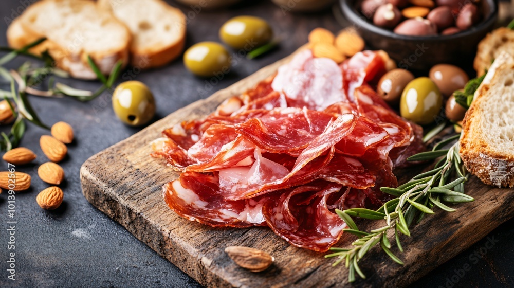 A serving of Spanish jamon, isolated on a cutting board, surrounded by decorative olives, almonds, and rustic bread slices A serving of Spanish jamon, isolated on a cutting board, surrounded by decorative olives, almonds, and rustic bread slices