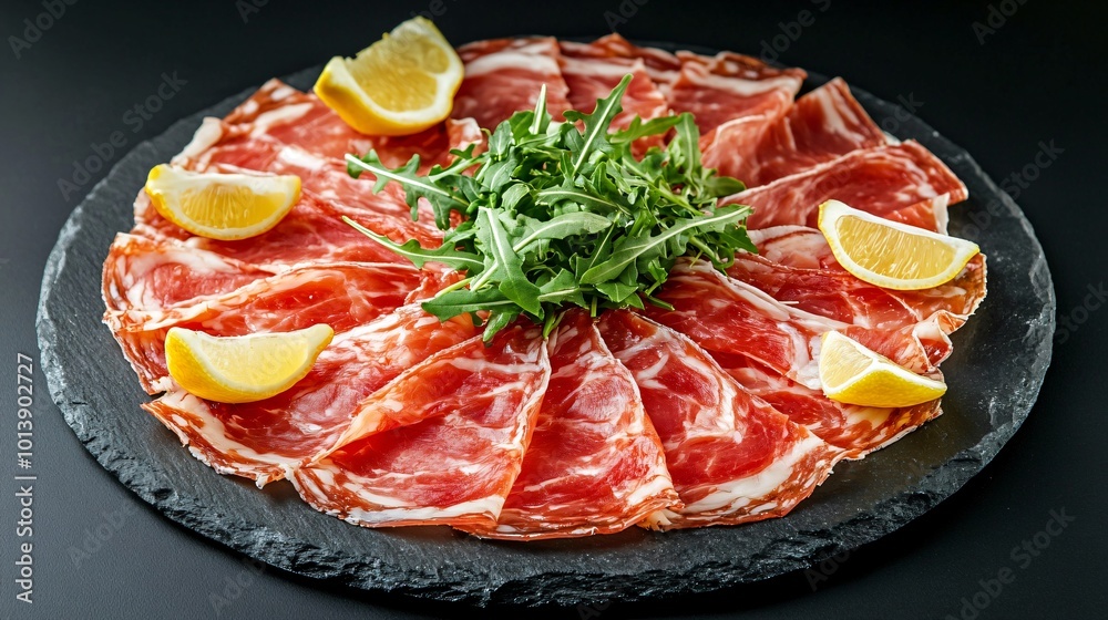 A thinly sliced jamon platter, isolated on a black slate background with decorative arugula leaves and lemon wedges A thinly sliced jamon platter, isolated on a black slate background with decorative arugula leaves and lemon wedges