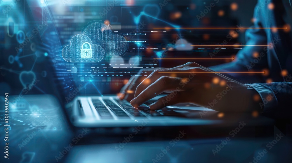 Businessman Using Laptop with Digital Padlock Symbol, Secure Internet Technology Networking, Cloud Computing, Cybersecurity, and Data Management for Digital Privacy and Business Protection Businessman Using Laptop with Digital Padlock Symbol, Secure Internet Technology Networking, Cloud Computing, Cybersecurity, and Data Management for Digital Privacy and Business Protection