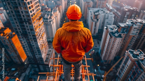 man in a yellow helmet and overalls stands at a high vantage point and looks at the city skyline