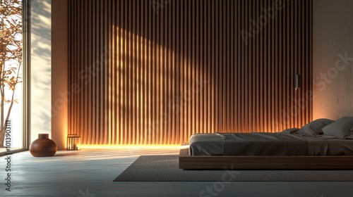 A minimalist bedroom with a feature wall of vertical wooden slats and ambient backlighting