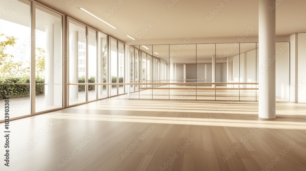 Obraz premium A minimalist dance studio with full-length mirrors, a ballet barre, and a sprung wood floor for optimum performance