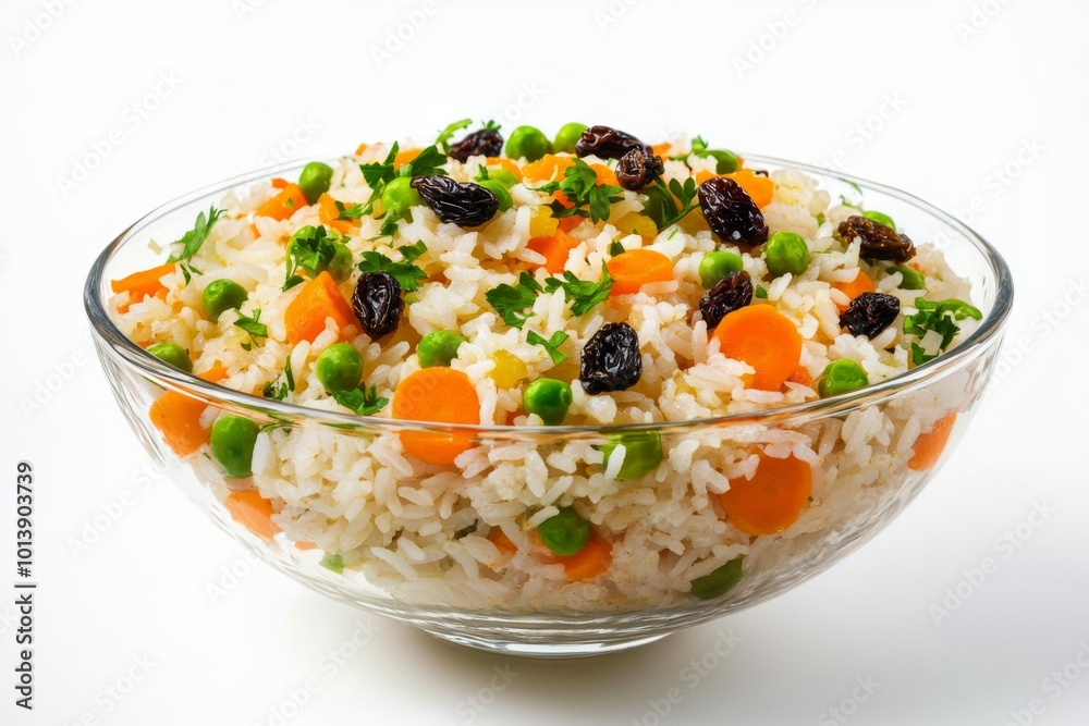a beautifully arranged glass dish of greek rice, featuring a medley of textures and colors from the cooked rice, crunchy carrots, soft peas, and sweet raisins a beautifully arranged glass dish of greek rice, featuring a medley of textures and colors from the cooked rice, crunchy carrots, soft peas, and sweet raisins