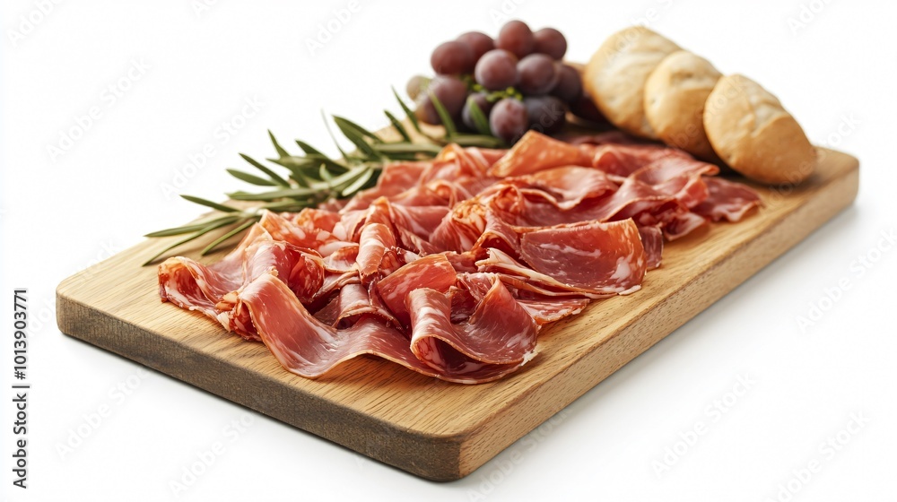 Spanish jamon with thin cuts, isolated on a wooden board with decorative grapes, breadsticks, and olive branches Spanish jamon with thin cuts, isolated on a wooden board with decorative grapes, breadsticks, and olive branches