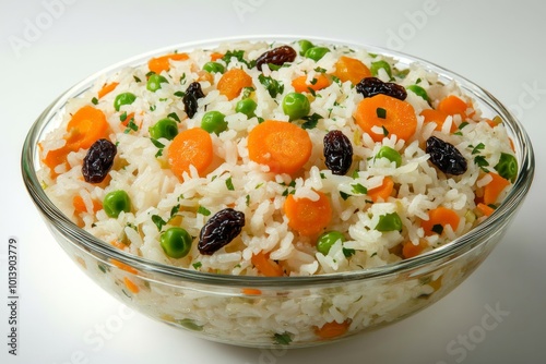 a beautifully arranged glass dish of greek rice, featuring a medley of textures and colors from the cooked rice, crunchy carrots, soft peas, and sweet raisins photo