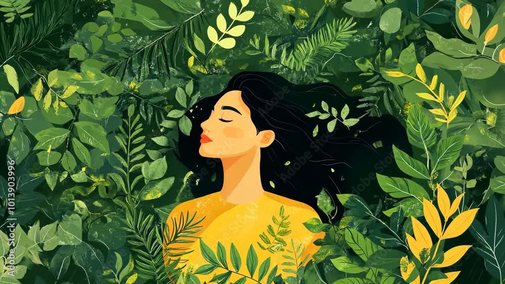 A woman with black hair and a yellow shirt is surrounded by green leaves in a forest illustration A woman with black hair and a yellow shirt is surrounded by green leaves in a forest illustration