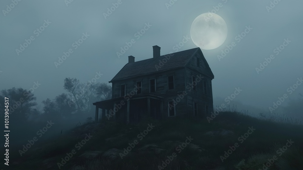 A spooky abandoned house surrounded by fog with a full moon in the background. A spooky abandoned house surrounded by fog with a full moon in the background.