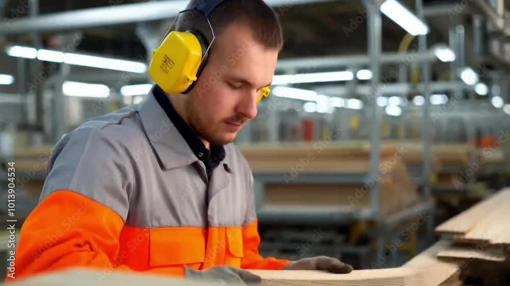 A male worker in a gray and orange uniform, wearing yellow ear protection, operates a wood processing machine in an industrial factory A male worker in a gray and orange uniform, wearing yellow ear protection, operates a wood processing machine in an industrial factory