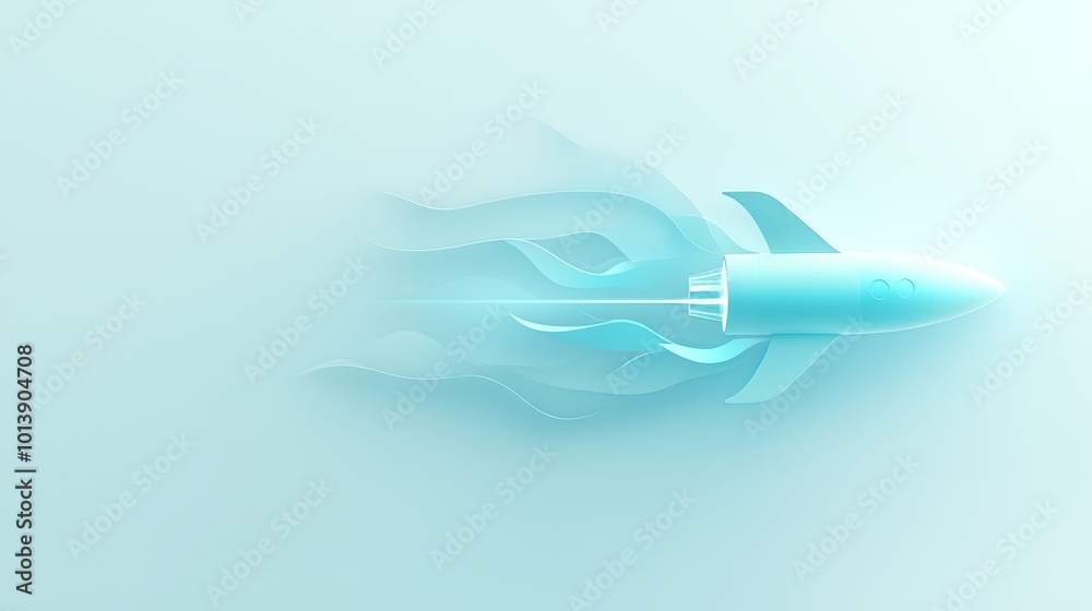 Fototapeta premium Blue Rocket Ship in Flight with Abstract Smoke Trail