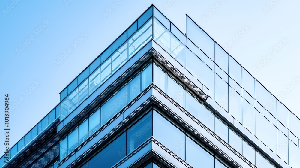 A modern architectural detail of a building's corner, featuring overlapping layers of glass and metal panels