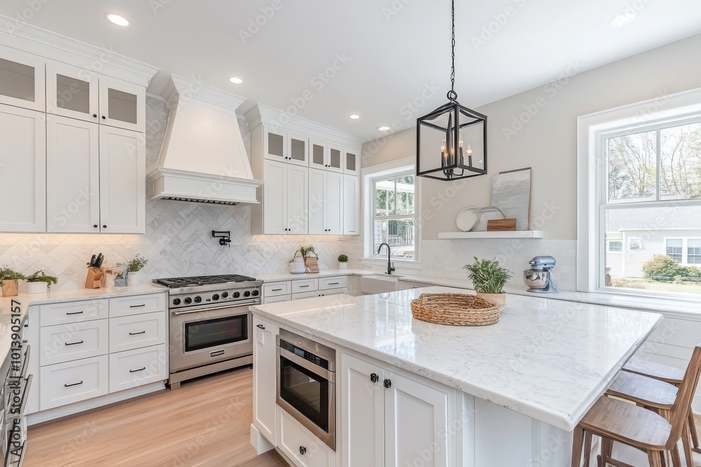 a bright and airy kitchen with white cabinets, a marble countertop, and a pendant light fixture a bright and airy kitchen with white cabinets, a marble countertop, and a pendant light fixture