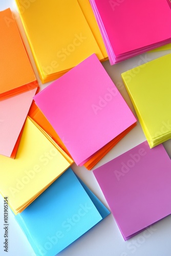 a bright and colorful image of a pack of assorted post-it notes on a pure white background, with each note slightly overlapping the other.