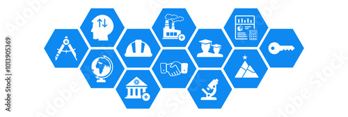 University industry collaboration vector illustration. Blue concept with icons related to partnership and cooperation between academia  business company for research project and program and internship