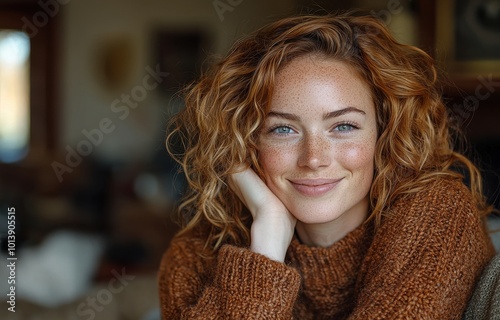 Beautiful woman with curly hair in a cozy sweater smiling at the camera in a warm and inviting indoor setting