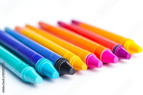 a bright and colorful image of a set of assorted, new, and unopened markers on a pure white background, with each marker slightly overlapping the other.