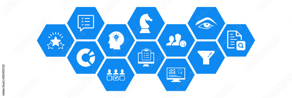 Assessment vector illustration. Blue concept with icons related to hr evaluation process, performance review feedback, client or employee questionnaire, quality management, knowledge testing. Assessment vector illustration. Blue concept with icons related to hr evaluation process, performance review feedback, client or employee questionnaire, quality management, knowledge testing.