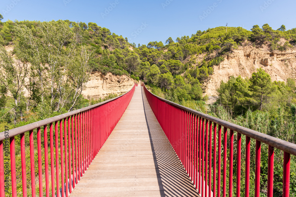 Obraz premium Puente colgante con barandillas rojas sobre el río Gállego, rodeado de vegetación y montañas, bajo un cielo despejado.