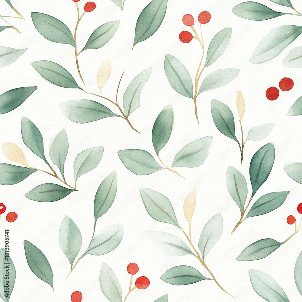 Fototapeta premium A seamless pattern featuring delicate leaves and red berries, perfect for botanical designs and nature-inspired projects.