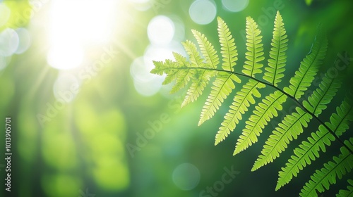 A close-up of a green fern leaf illuminated by sunlight, creating a serene and natural atmosphere.