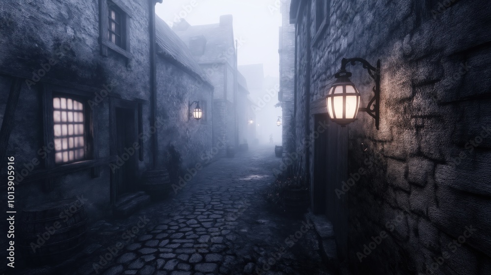 A quiet, misty alleyway in a historic village with cobblestone paths and lanterns. A quiet, misty alleyway in a historic village with cobblestone paths and lanterns.
