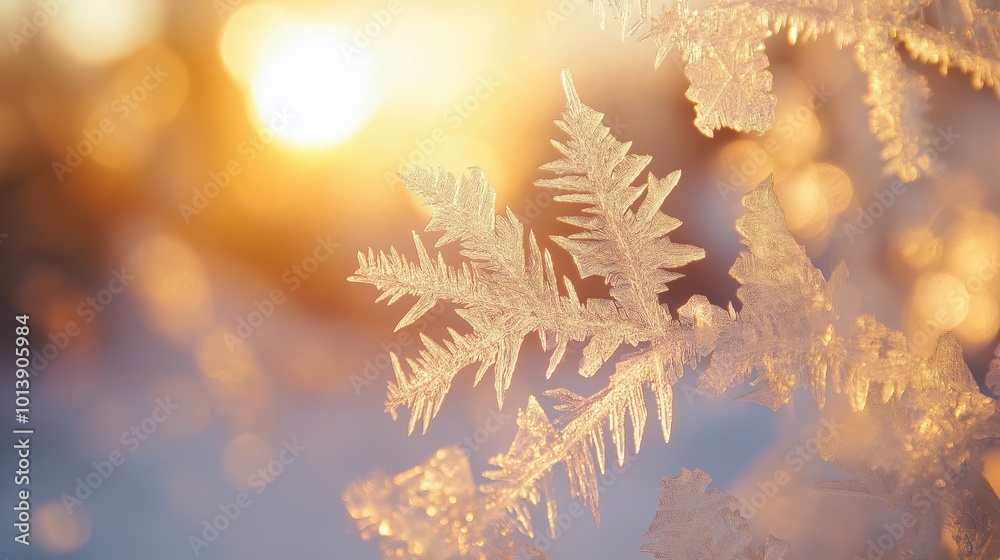 A close-up of a frosted crystal leaf glistening in the sunlight with a warm background. A close-up of a frosted crystal leaf glistening in the sunlight with a warm background.