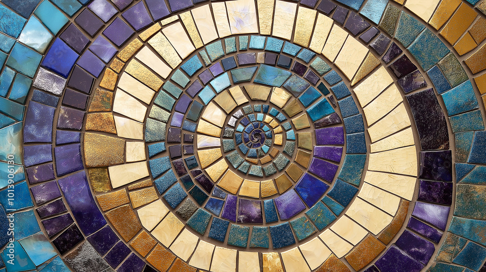 Naklejka premium A beautifully crafted mosaic with concentric spirals. The mosaic comprises of small tiles, each with varying shades of blue, gold, and purple. The tiles are meticulously arranged to a form 