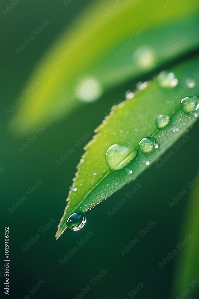 Closeup of Water Droplets on Green Leaf with Shallow Depth of Field Closeup of Water Droplets on Green Leaf with Shallow Depth of Field