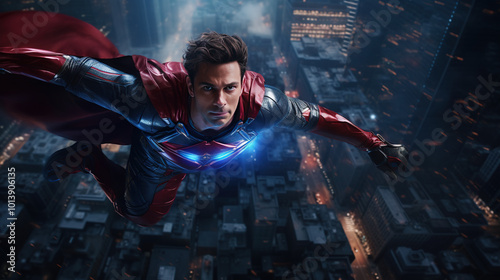 Superhero flying in the sky with costume and cape. Action movie blockbuster shot.