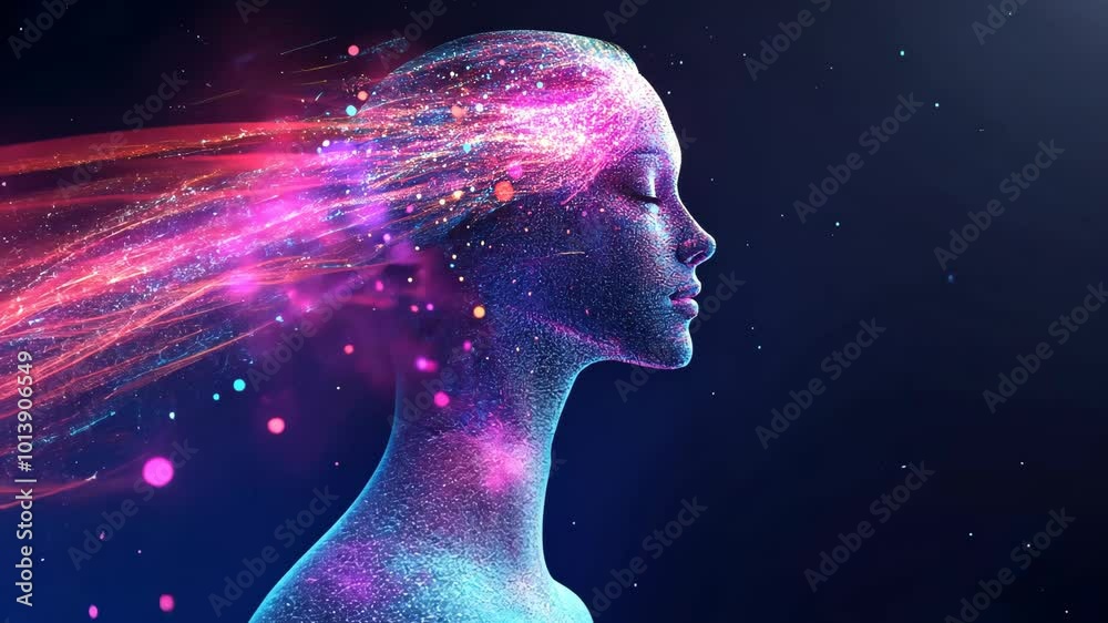 A digital rendering of a woman's profile with glowing pink and blue ...
