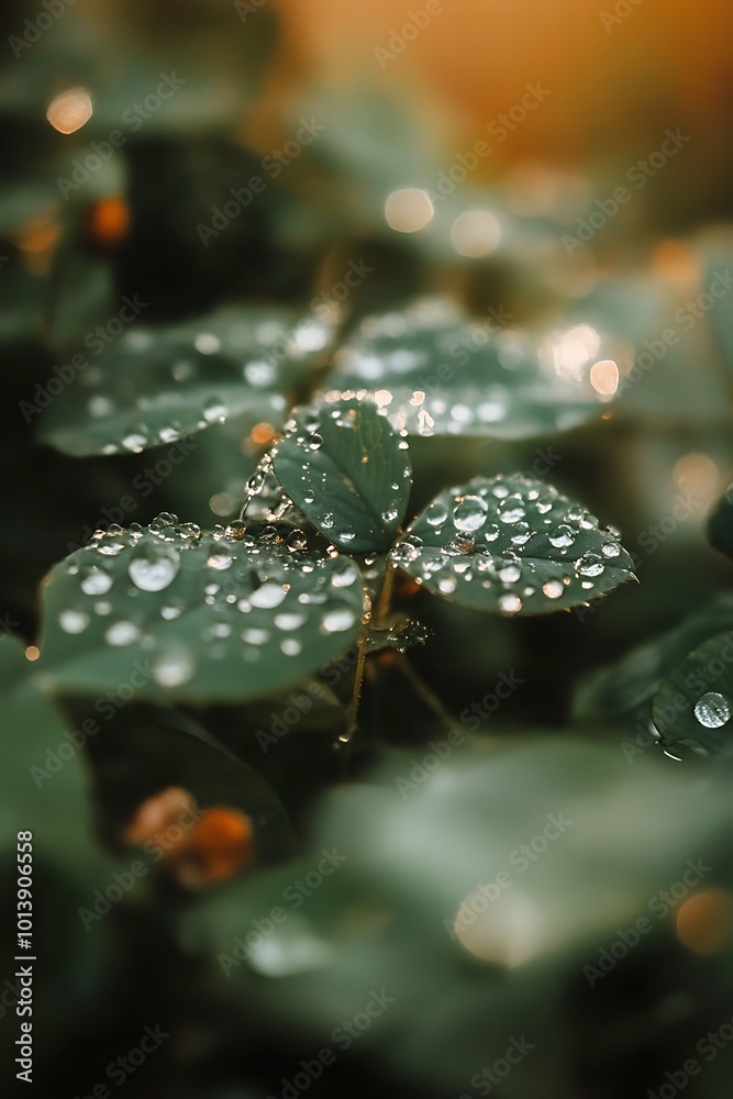 Dew Drops on Lush Green Leaves, Nature Macro Photography Dew Drops on Lush Green Leaves, Nature Macro Photography