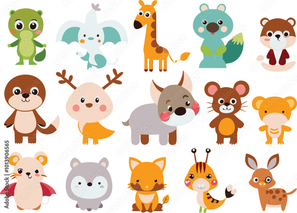 Fototapeta premium Cute animal cartoon vector illustration set