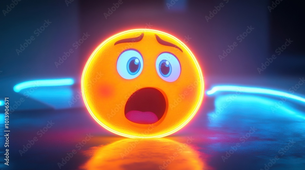 Naklejka premium emoji with glowing neon effects, showing surprise with gestures and detailed in high-definition resolution.