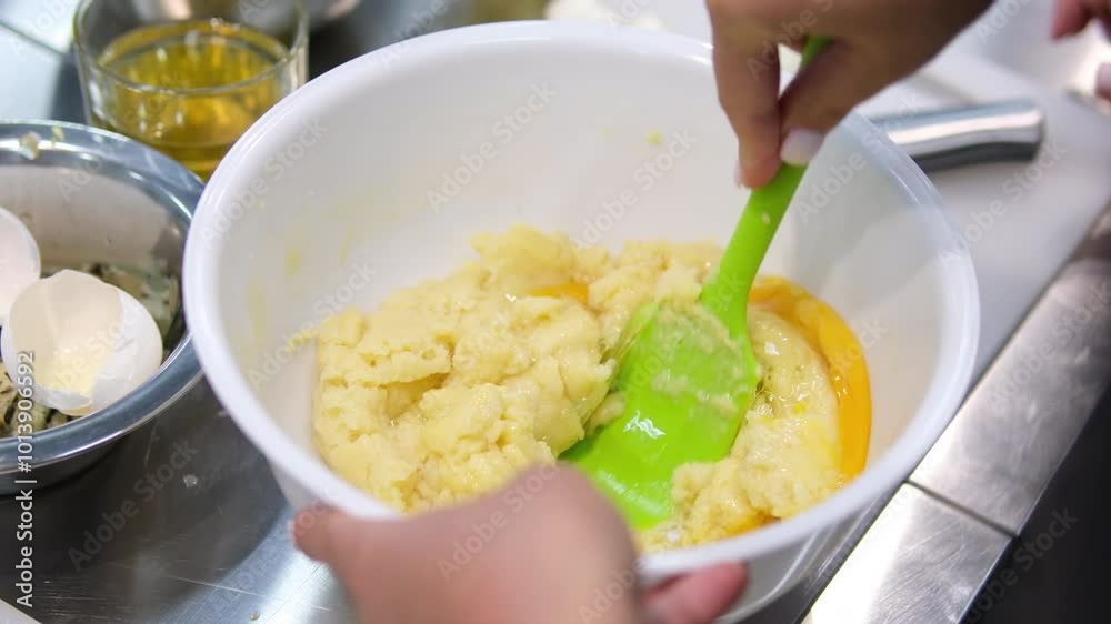 Woman stirring dough in a bowl stir eggs into dough Woman stirring dough in a bowl stir eggs into dough