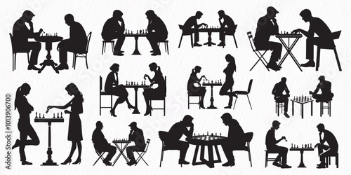 A collection of silhouettes depicting people of various ages and styles engaged in chess games. The scenes capture moments of concentration, strategy, and friendly competition.