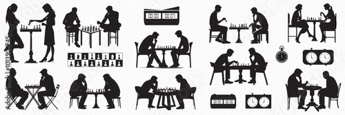 A collection of silhouettes depicting people of various ages and styles engaged in chess games. The scenes capture moments of concentration, strategy, and friendly competition.