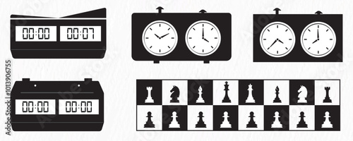 Silhouettes of chess clocks, chess pieces, and a chess table setup. The arrangement captures 
essential elements  of a timed chess game, including classic and digital clocks and various chess pieces.