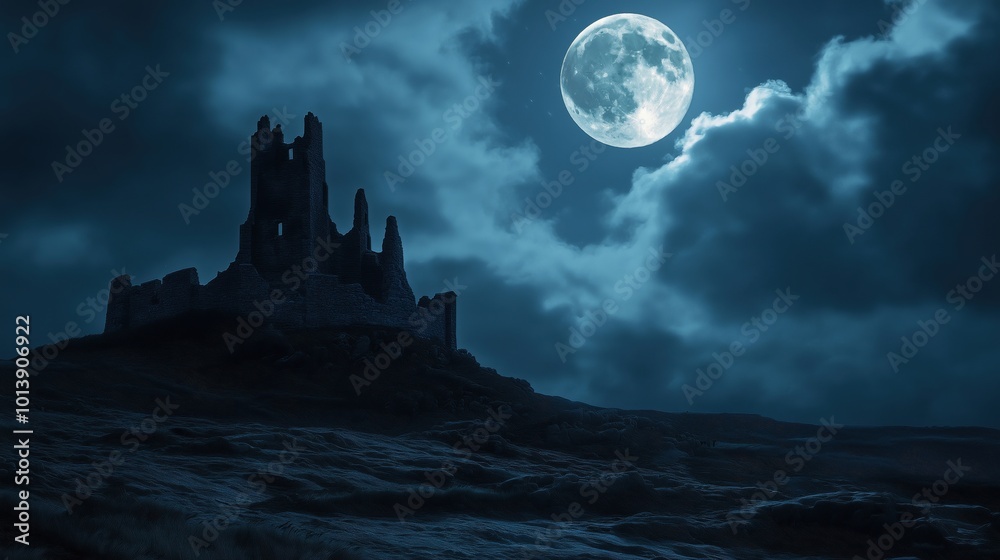A haunting view of ancient ruins under a full moon with dramatic clouds. A haunting view of ancient ruins under a full moon with dramatic clouds.