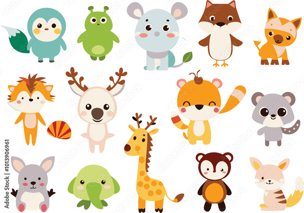Fototapeta premium Cute animal cartoon vector illustration set