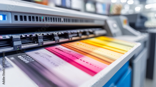  Discover a versatile office environment featuring a large format photocopier and plotter. This high-quality printer showcases vibrant color ribbons, ensuring impeccable printing services.