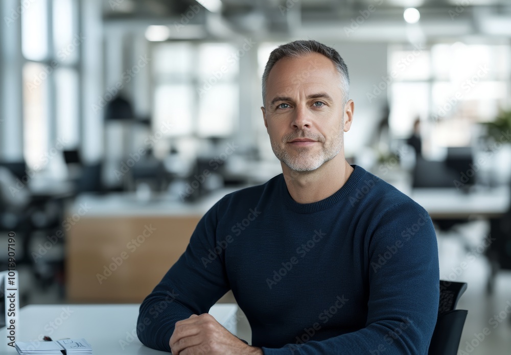 Naklejka premium A confident man is seated at a white desk in a contemporary office, showcasing a focused expression amidst a busy workspace