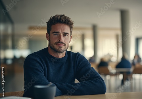 A young man lounges in a stylish cafe, thoughtfully gazing ahead while holding a cup of coffee, surrounded by fellow patrons